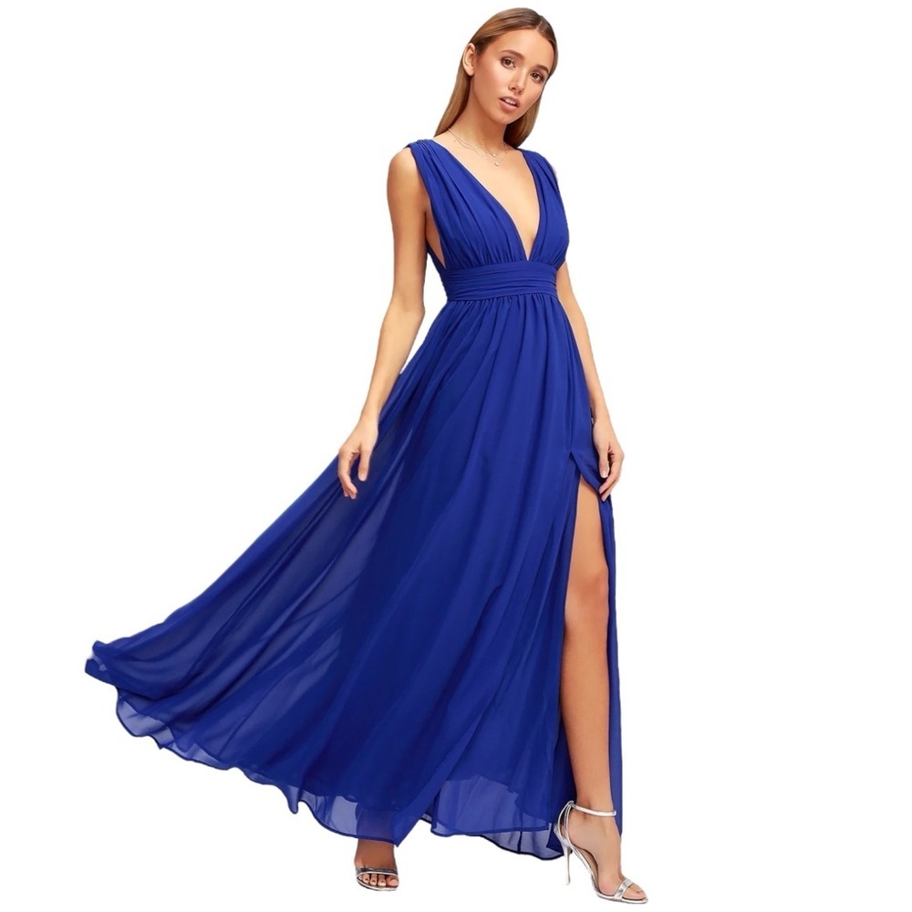 Lulu's Royal Blue Plunge V-Neck Maxi Dress